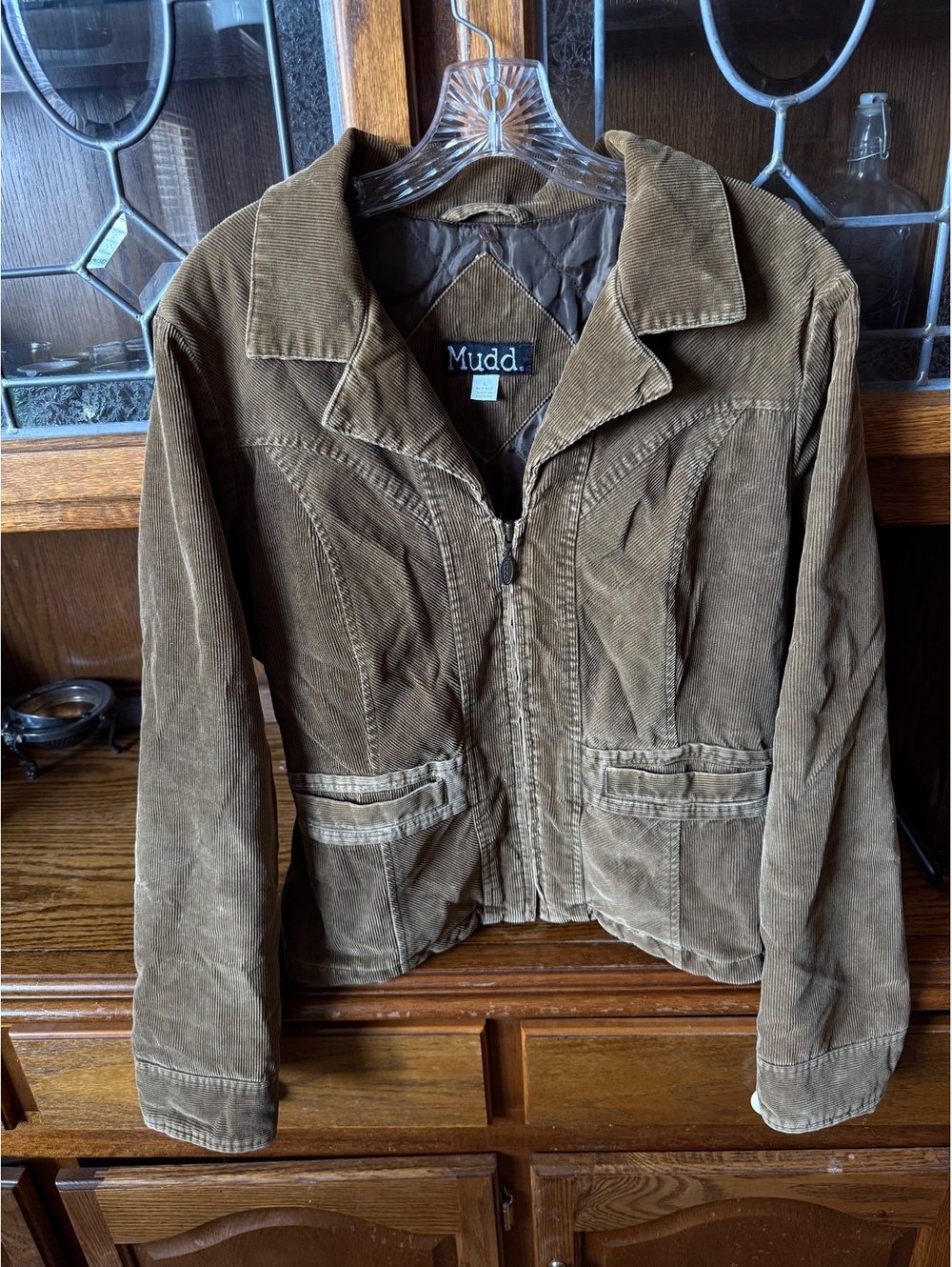 Mudd Y2K Corduroy Zip Front Jacket Sz L Tan Fitted Cropped Vintage